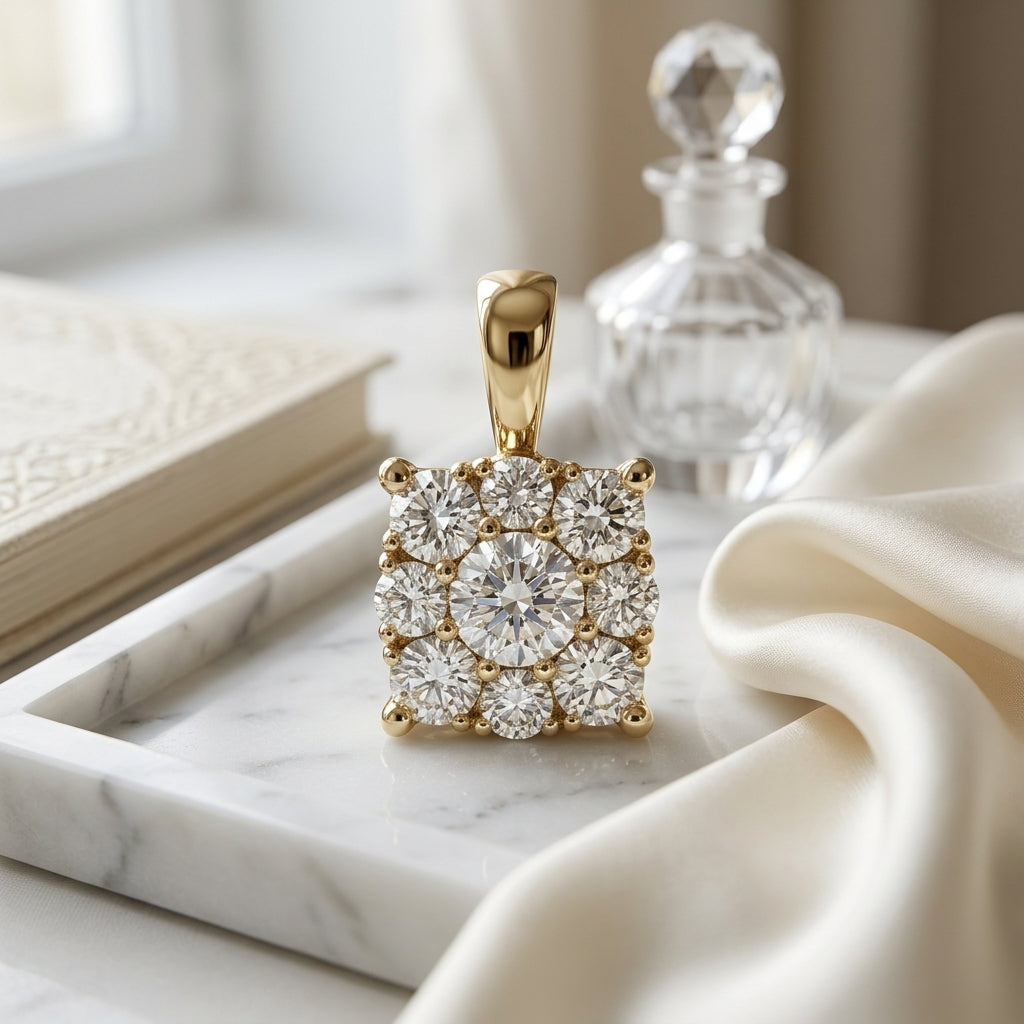 Diamond Cushion Cluster Solitaire Pendant 1/3ctw with Adjustable Chain 16-17-18 Inch in 14K Yellow Gold - lifestyle