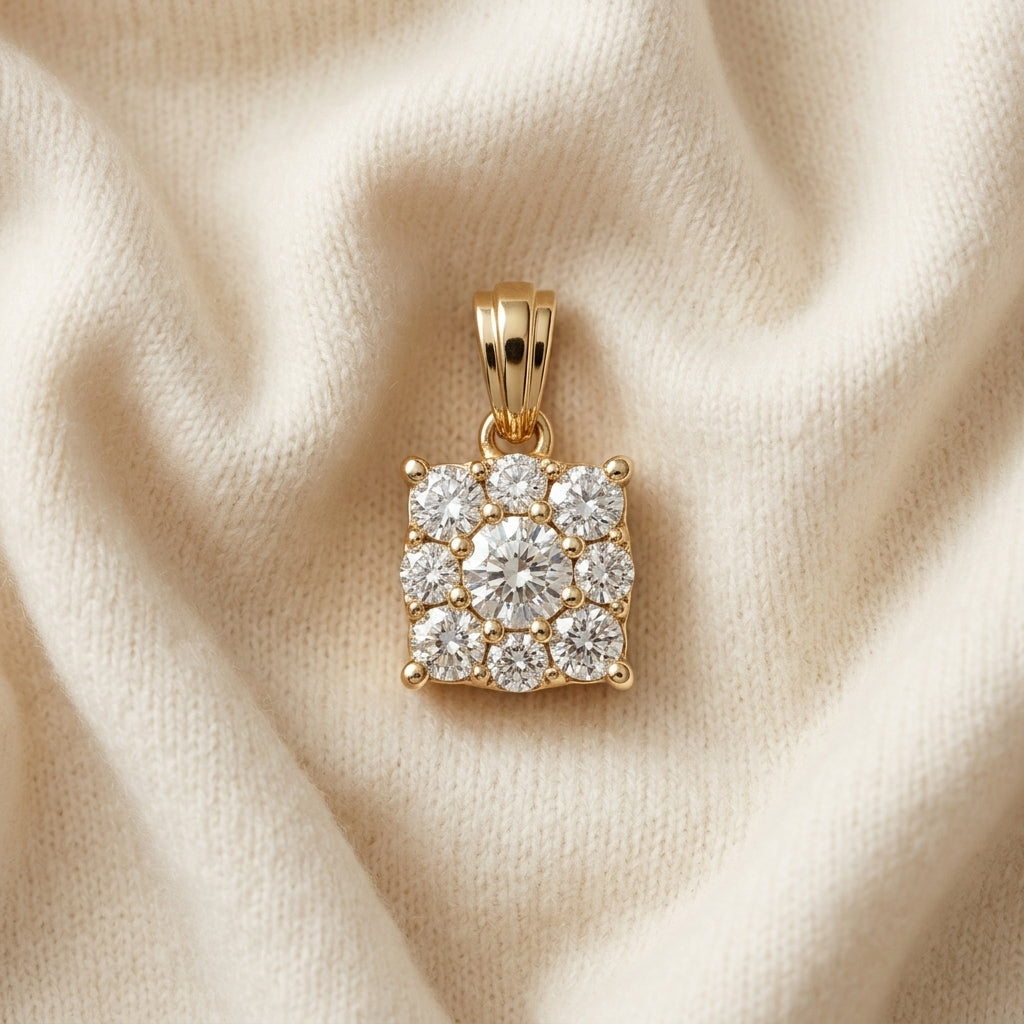 Diamond Cushion Cluster Solitaire Pendant 1/3ctw with Adjustable Chain 16-17-18 Inch in 14K Yellow Gold - flat lay