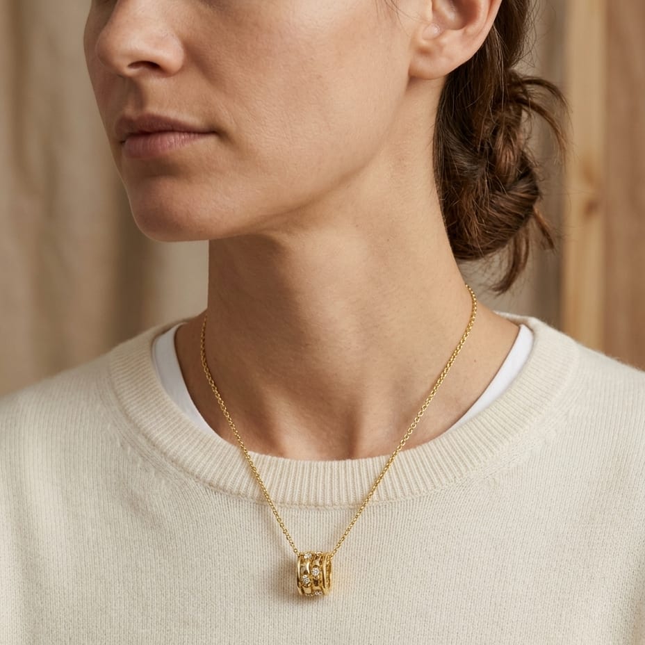 Diamond Barrel Pendant 1/6ctw 18-20 Inch Adj Chain in 14K Yellow Gold - editorial