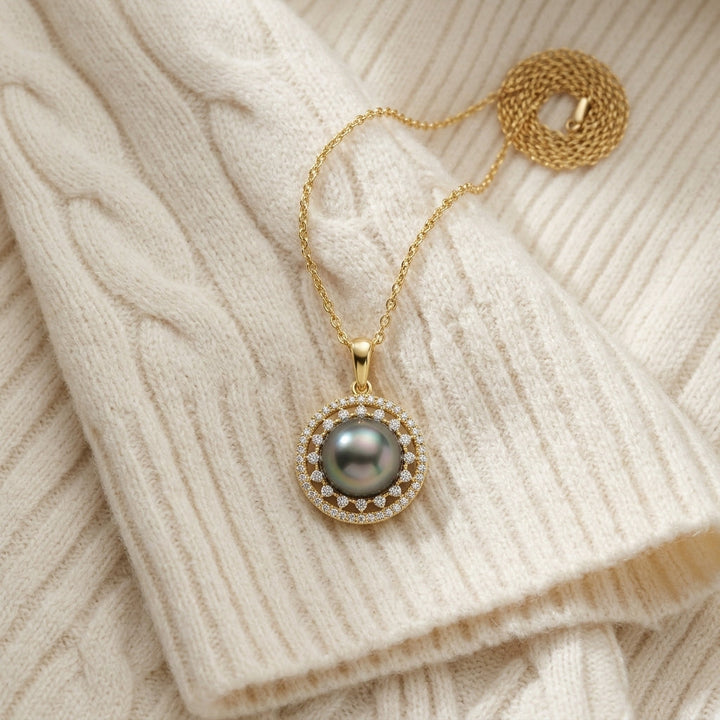 Tahitian Pearl & Diamond Dangle Halo Pendant 1/4ctw 18-in Adj Cable Ch in 14K Yellow Gold - flat lay