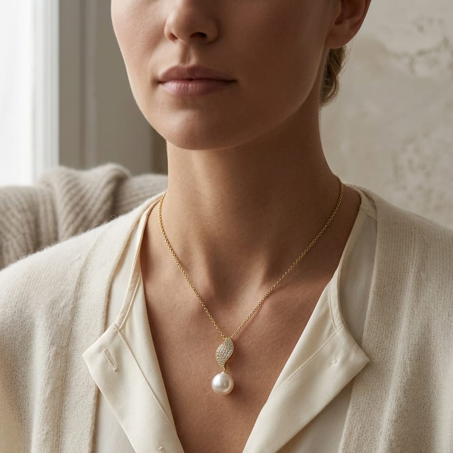 Freshwater Pearl & Diamond Leaf Pendant in 14K Yellow Gold - lifestyle