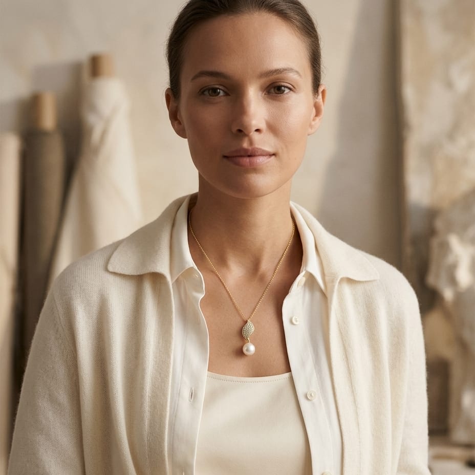Freshwater Pearl & Diamond Leaf Pendant in 14K Yellow Gold - on model