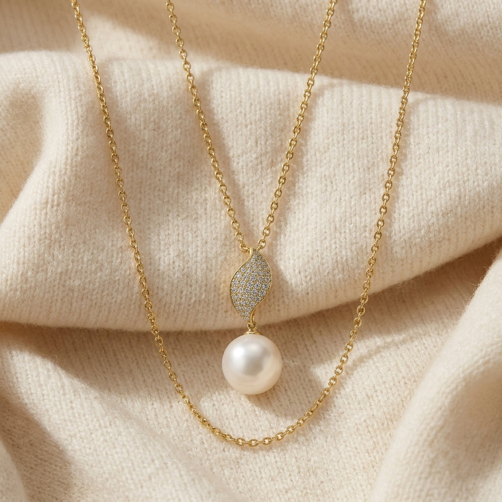 Freshwater Pearl & Diamond Leaf Pendant in 14K Yellow Gold - flat lay