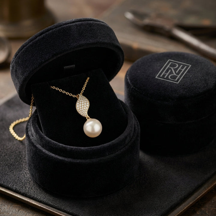 Freshwater Pearl & Diamond Leaf Pendant in 14K Yellow Gold - presentation