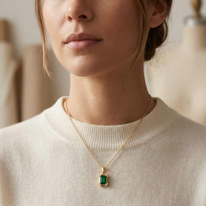 Created Emerald & Diamond Pendant 1/10ctw, 16-18 Adj Chain in 14K Yellow Gold - lifestyle