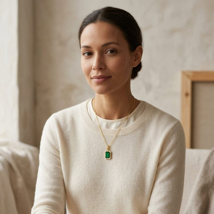 Created Emerald & Diamond Pendant 1/10ctw, 16-18 Adj Chain in 14K Yellow Gold - on model