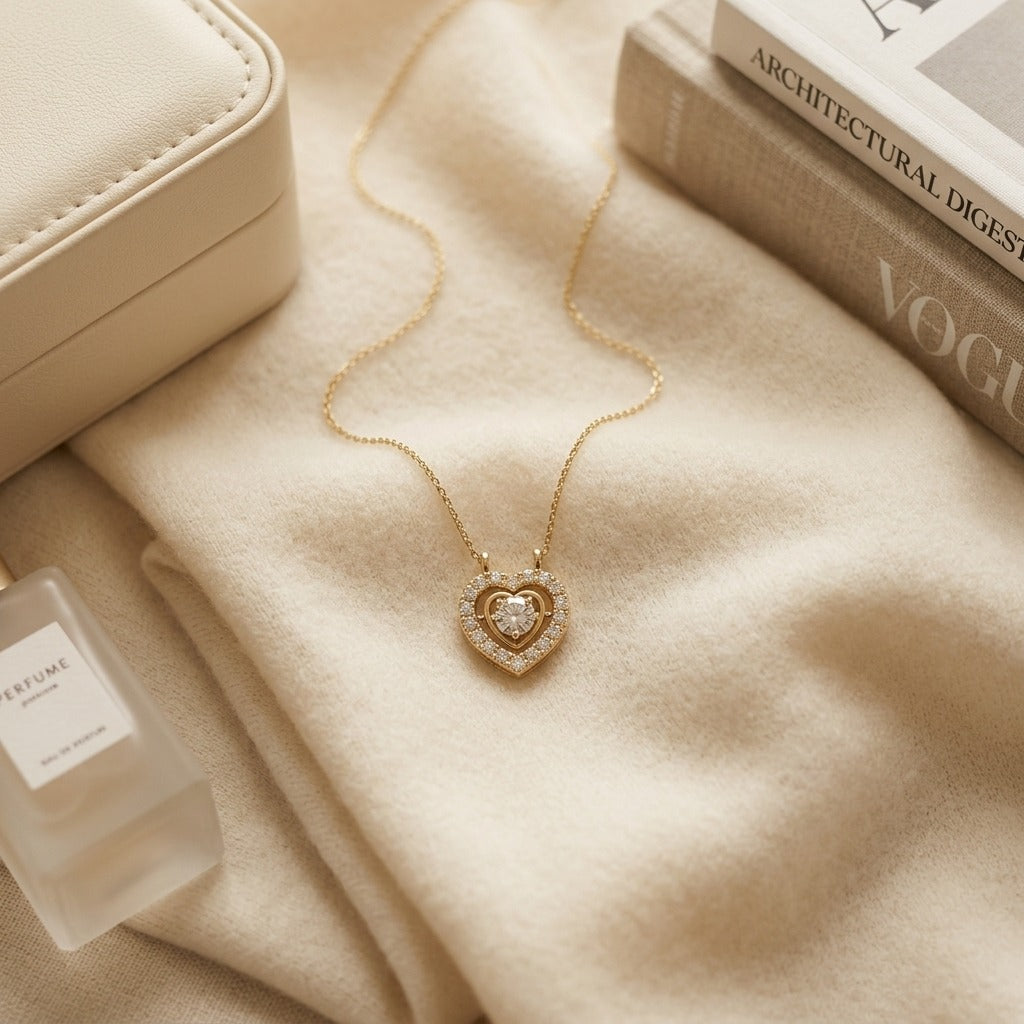 Diamond Heart Pendant 3/8ctw 16-18 Inch Adjustable Cable Chain in 14K Yellow Gold - flat lay