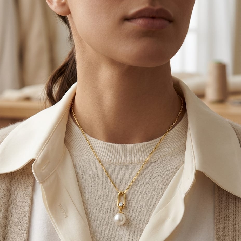 Freshwater Pearl & Diamond Pendant 1/12ctw Adjustable 16-18 Inch Chain in 14K Yellow Gold - editorial