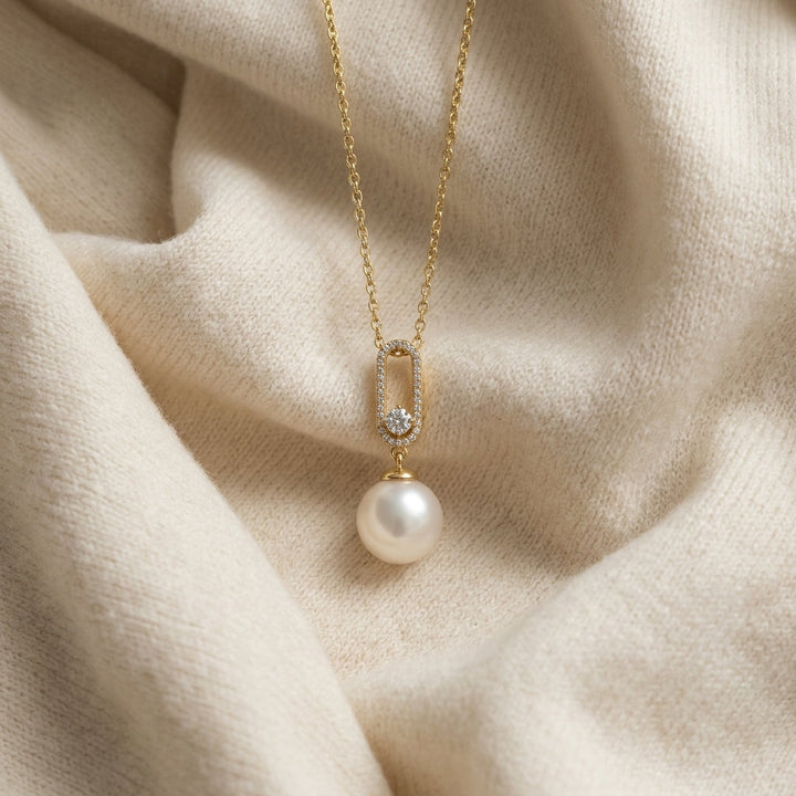 Freshwater Pearl & Diamond Pendant 1/12ctw Adjustable 16-18 Inch Chain in 14K Yellow Gold - flat lay