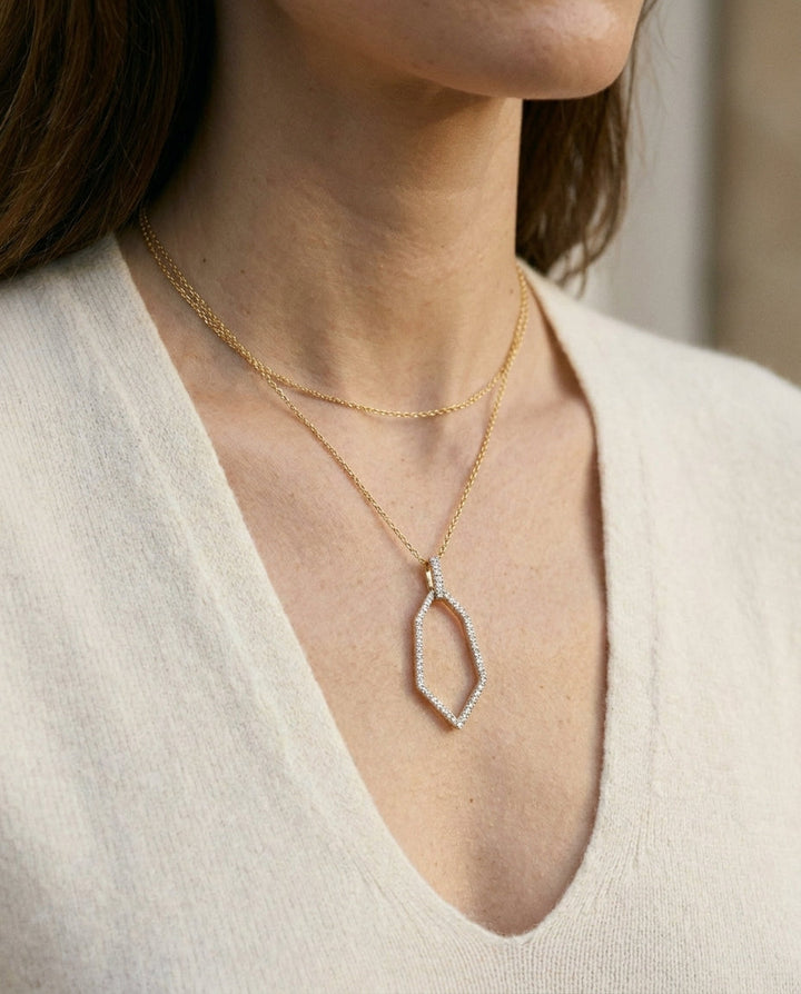 Diamond Open Kite Shield Pendant in 14k Yellow Gold 0.38ctw, 16-18 Inch Adjustable Cable Chain, worn close-up portrait