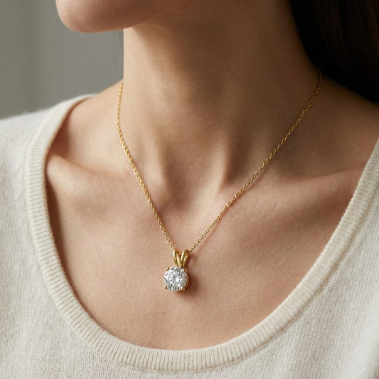 Natural Diamond Round Brilliant Solitaire Pendant in 14K Yellow Gold, 1 ct. t.w., worn close-up portrait