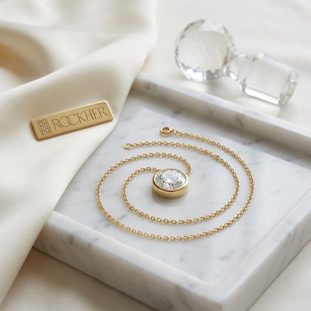 Natural Diamond Round Brilliant Solitaire Pendant in 14K Yellow Gold, 1 ct. t.w., on marble vanity tray with silk