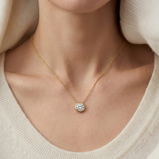 Natural Diamond Round Brilliant Solitaire Pendant in 14K Yellow Gold, 1 ct. t.w., worn close-up portrait