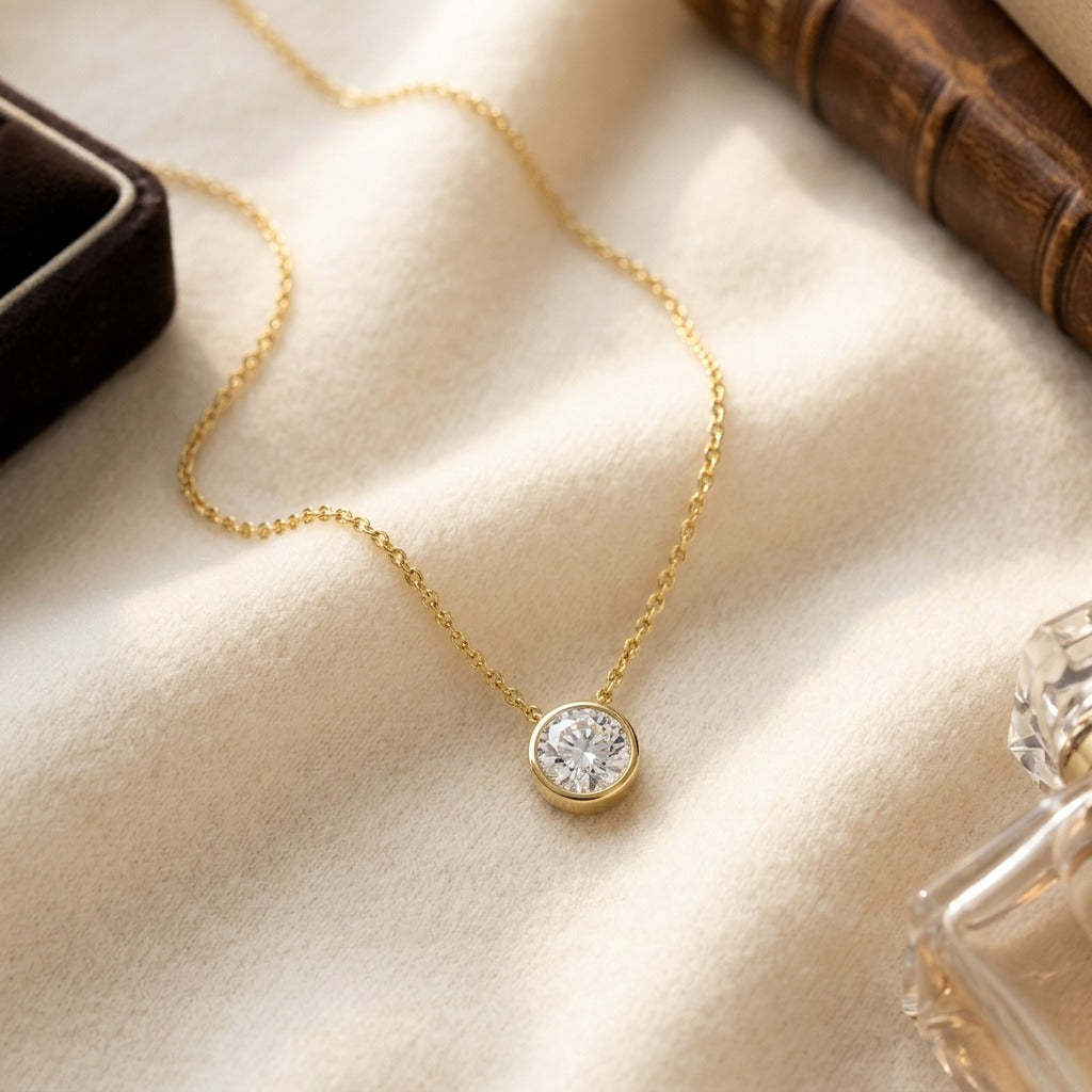 Round Diamond Solitaire Pendant in a Bezel Slide Setting, 1ct. T.w. Gia with Paper Clip Chain in 14K Yellow Gold - flat lay