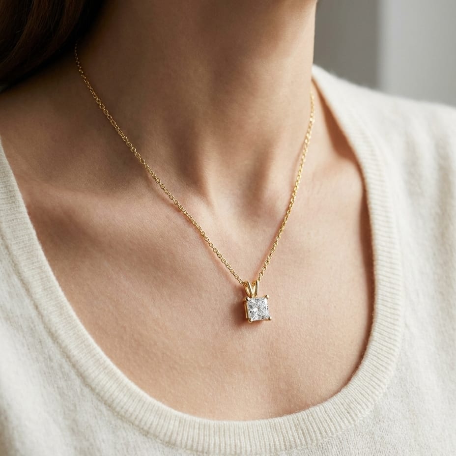 Natural Princess Solitaire Diamond Pendant, 1 ct. t.w. | 14K Yellow Gold | 4-Prong, worn close-up portrait