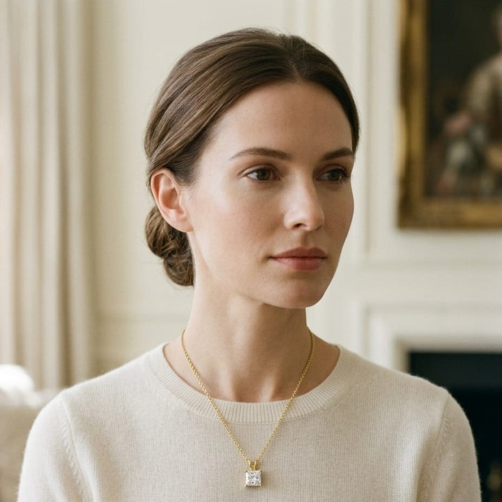 Princess Diamond Solitaire Pendant in a 4-Prong Basket Setting, 1ct. T.w. in 14K Yellow Gold - lifestyle