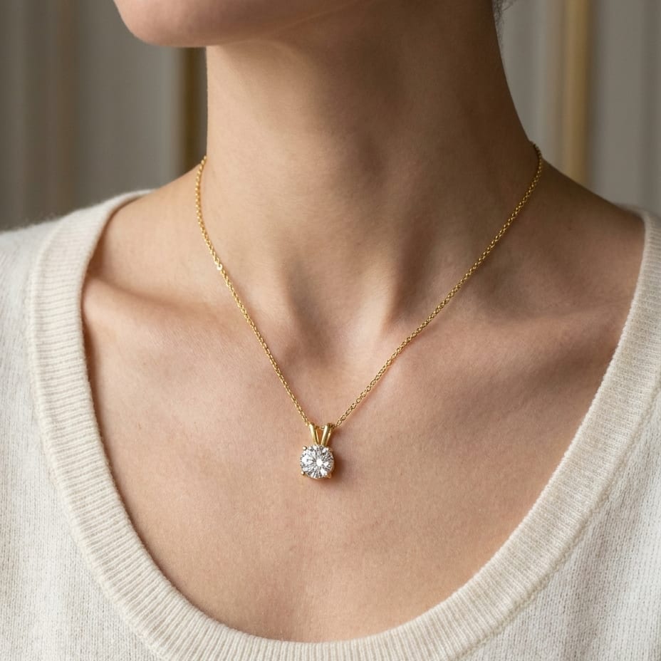 Natural Diamond Round Brilliant Solitaire Pendant in 14K Yellow Gold, 4 ct. t.w., worn close-up portrait