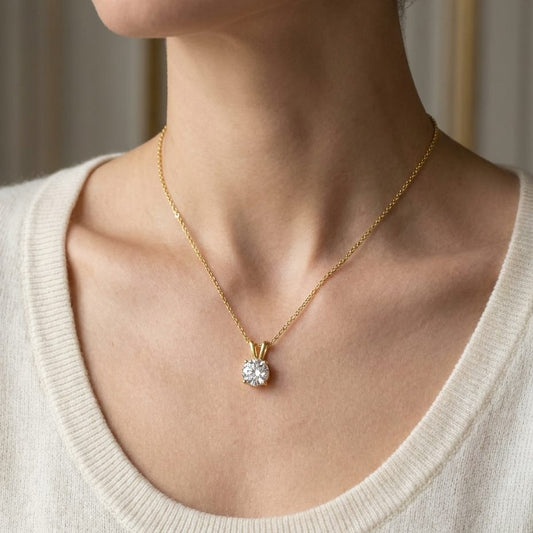 Natural Diamond Round Brilliant Solitaire Pendant in 14K Yellow Gold, 4 ct. t.w., worn close-up portrait