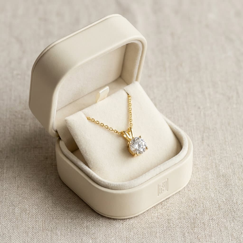 Natural Diamond Round Brilliant Solitaire Pendant in 14K Yellow Gold, 4 ct. t.w., in navy velvet jewelry box
