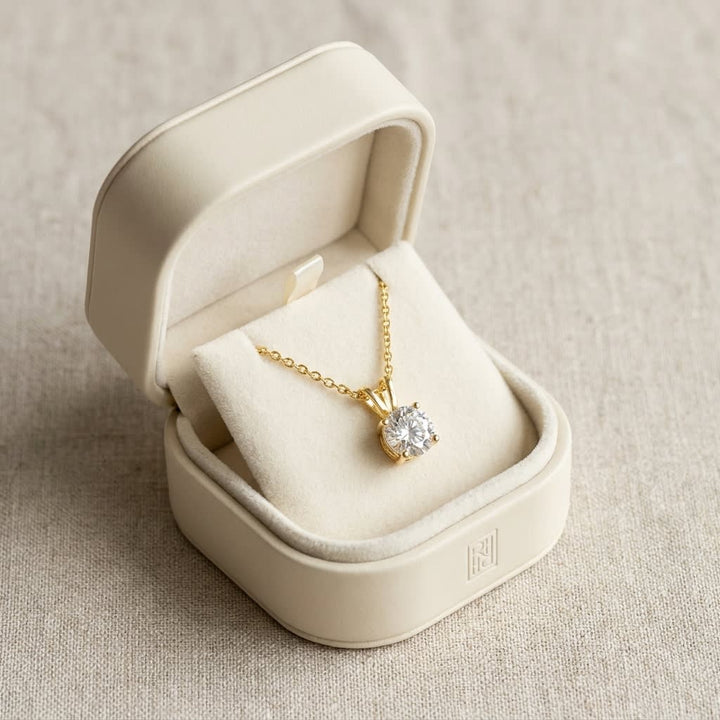 Natural Diamond Round Brilliant Solitaire Pendant in 14K Yellow Gold, 4 ct. t.w., in navy velvet jewelry box