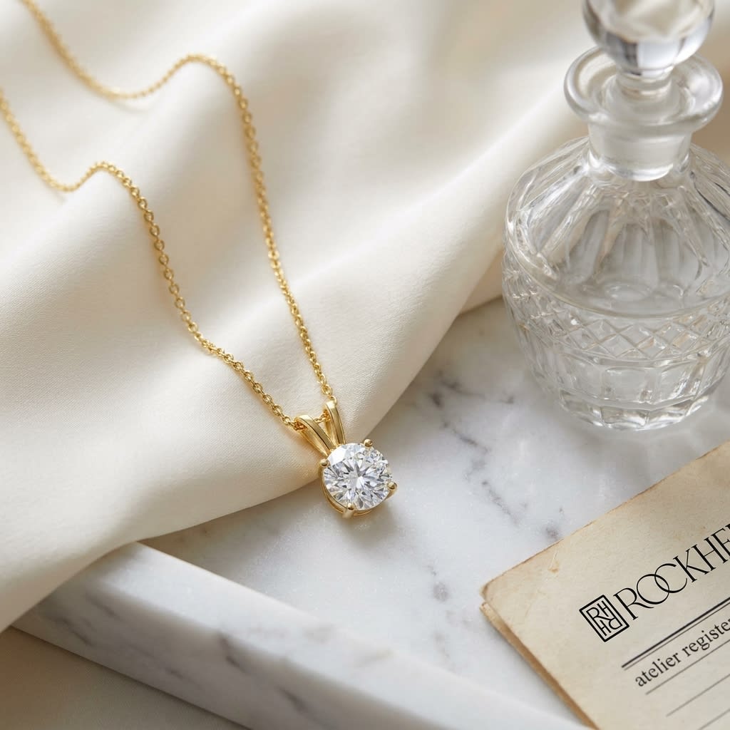 Natural Diamond Round Brilliant Solitaire Pendant in 14K Yellow Gold, 2 ct. t.w., on marble vanity tray with silk