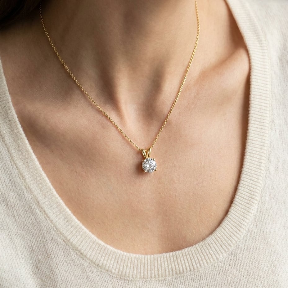 Natural Diamond Round Brilliant Solitaire Pendant in 14K Yellow Gold, 2 ct. t.w., worn close-up portrait