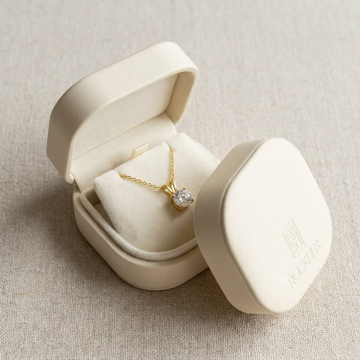 Natural Diamond Round Brilliant Solitaire Pendant in 14K Yellow Gold, 2 ct. t.w., in navy velvet jewelry box