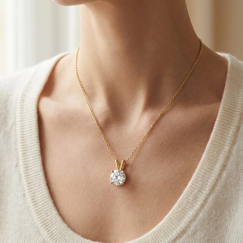 Natural Diamond Round Brilliant Solitaire Pendant in 14K Yellow Gold, 8 ct. t.w., worn close-up portrait