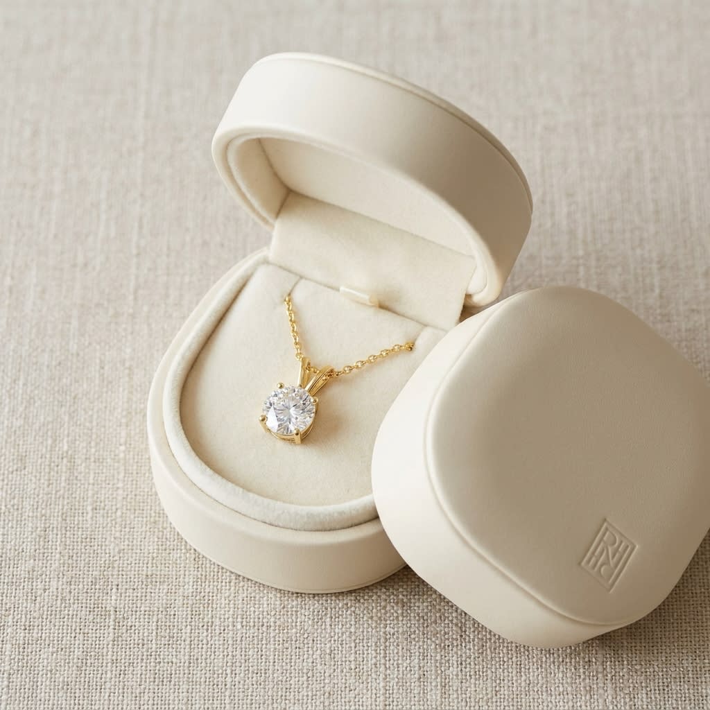 Natural Diamond Round Brilliant Solitaire Pendant in 14K Yellow Gold, 8 ct. t.w., in navy velvet jewelry box