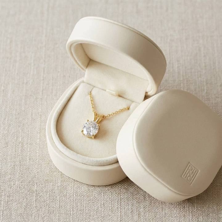 Natural Diamond Round Brilliant Solitaire Pendant in 14K Yellow Gold, 8 ct. t.w., in navy velvet jewelry box
