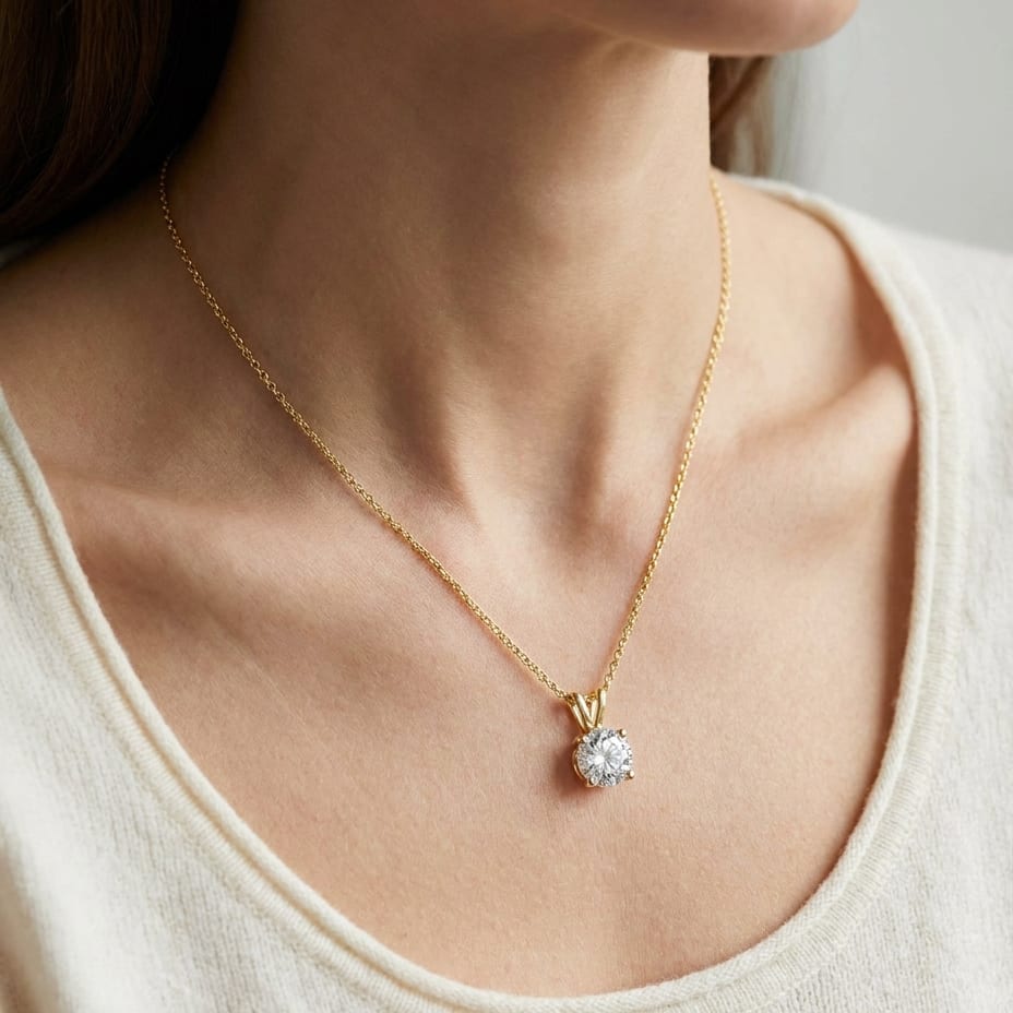 Natural Diamond Round Brilliant Solitaire Pendant in 14K Yellow Gold, 1 ct. t.w., worn close-up portrait