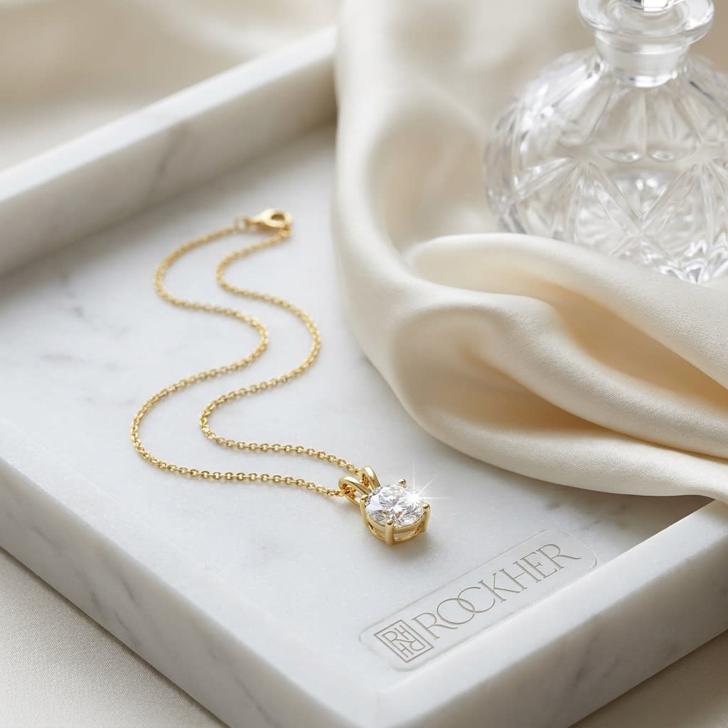 Natural Diamond Round Brilliant Solitaire Pendant in 14K Yellow Gold, 3 ct. t.w., on marble vanity tray with silk
