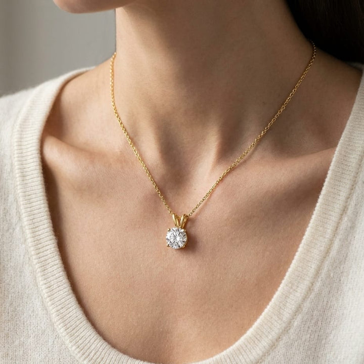 Natural Diamond Round Brilliant Solitaire Pendant in 14K Yellow Gold, 3 ct. t.w., worn close-up portrait