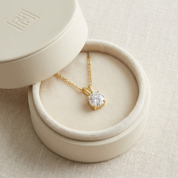 Natural Diamond Round Brilliant Solitaire Pendant in 14K Yellow Gold, 3 ct. t.w., in navy velvet jewelry box