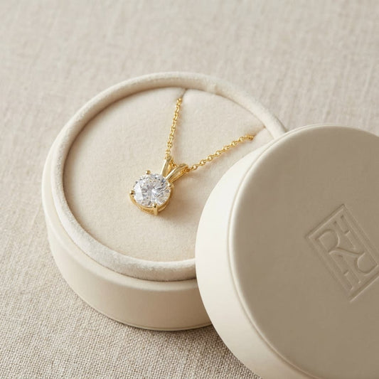 Natural Diamond Round Brilliant Solitaire Pendant in 14K Yellow Gold, 2 ct. t.w., in navy velvet jewelry box