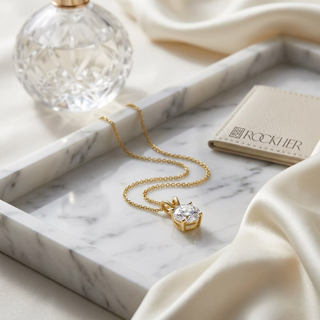 Natural Diamond Round Brilliant Solitaire Pendant in 14K Yellow Gold, 4 ct. t.w., on marble vanity tray with silk