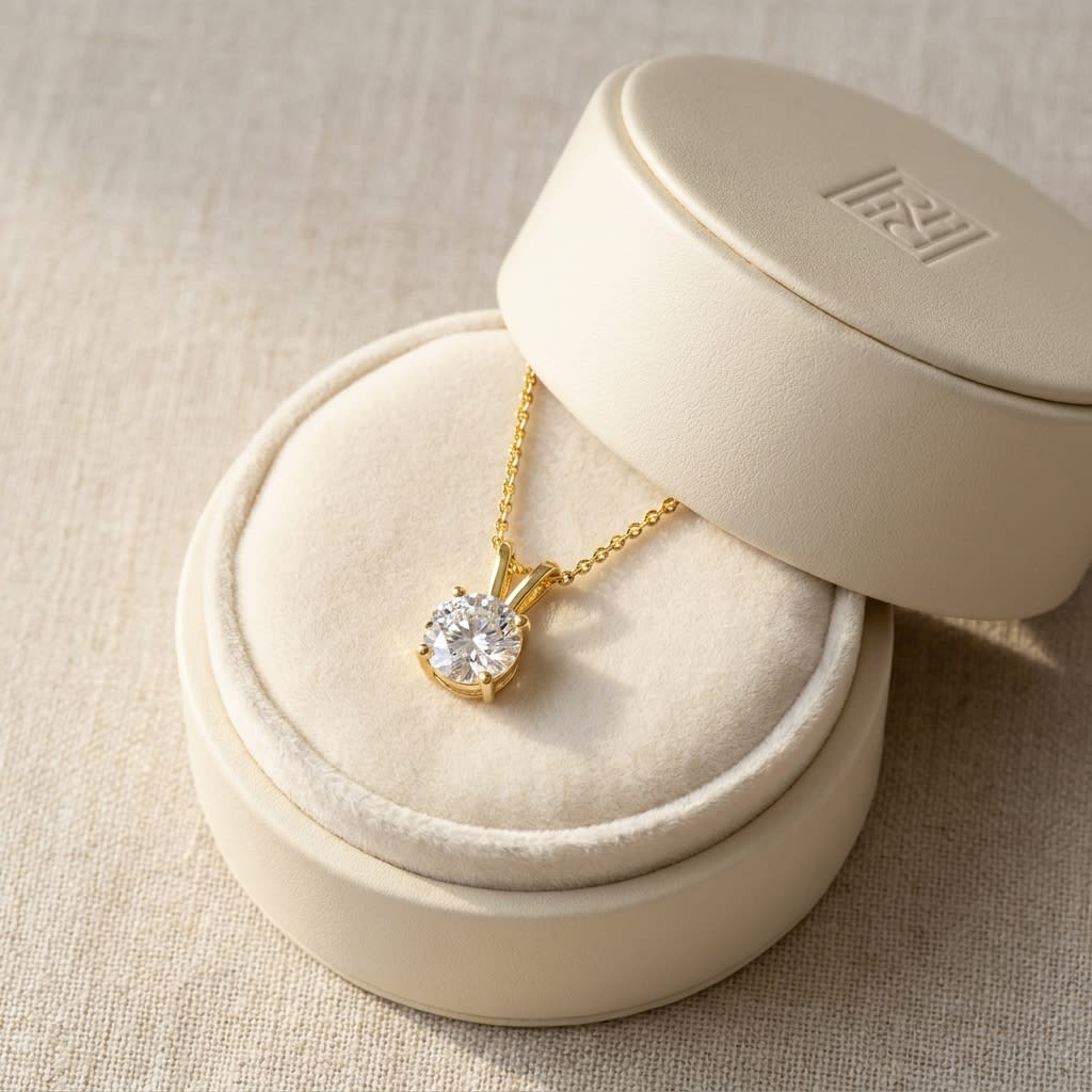 Natural Diamond Round Brilliant Solitaire Pendant in 14K Yellow Gold, 4 ct. t.w., in navy velvet jewelry box