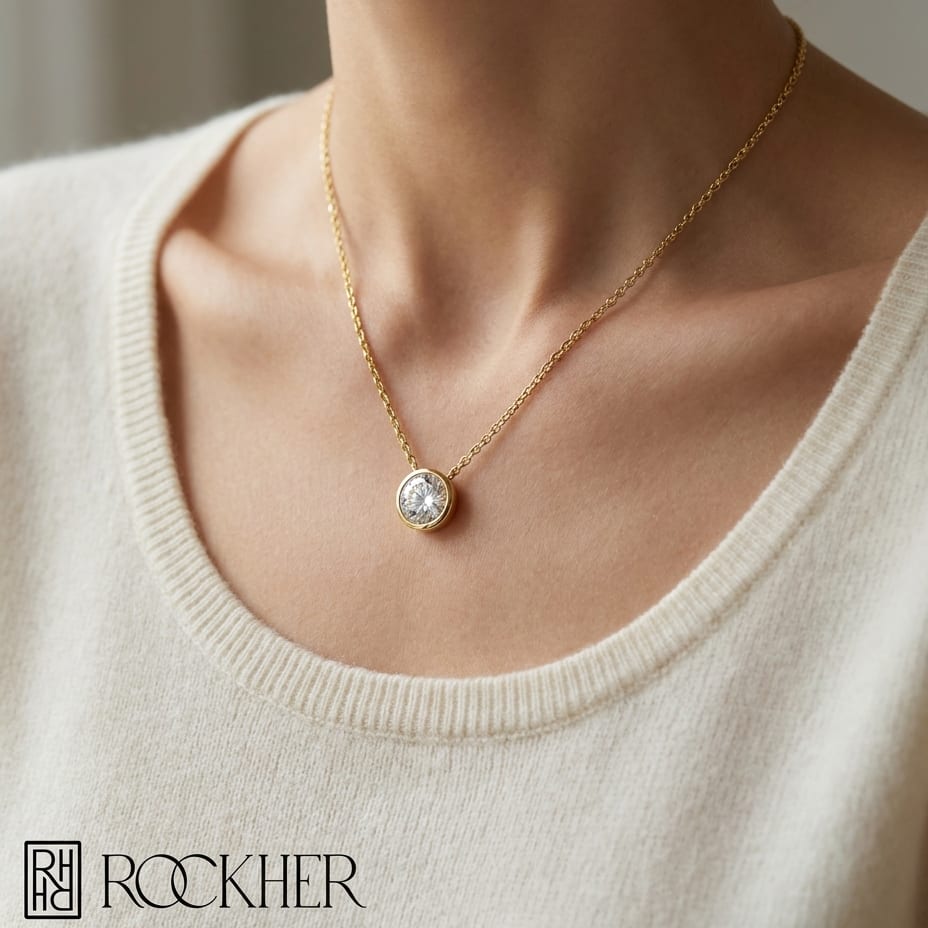 Natural Diamond Round Brilliant Solitaire Pendant in 14K Yellow Gold, 2 ct. t.w., worn close-up portrait