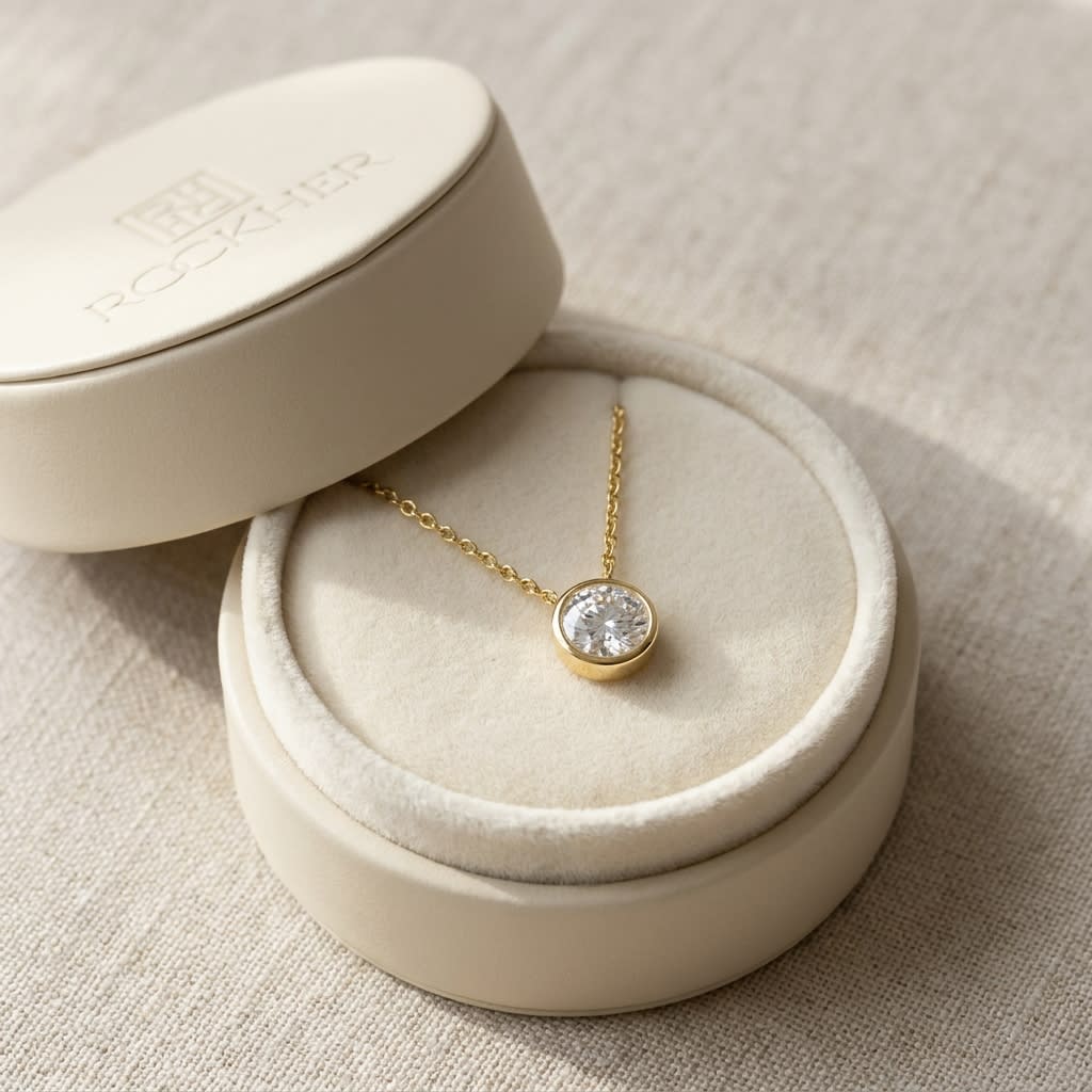 Natural Diamond Round Brilliant Solitaire Pendant in 14K Yellow Gold, 2 ct. t.w., in navy velvet jewelry box