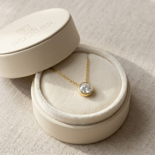 Natural Diamond Round Brilliant Solitaire Pendant in 14K Yellow Gold, 2 ct. t.w., in navy velvet jewelry box