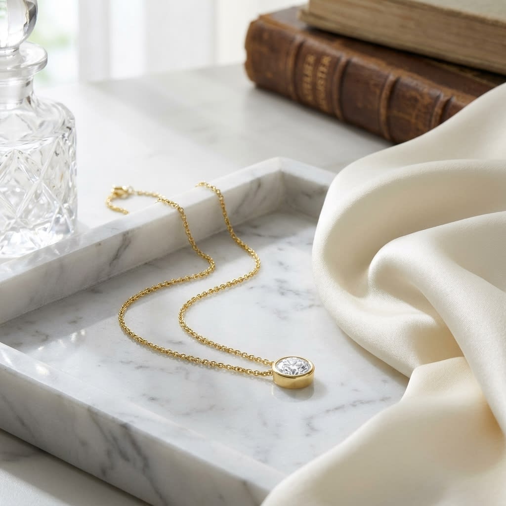 Natural Diamond Round Brilliant Solitaire Pendant in 14K Yellow Gold, 4 ct. t.w., on marble vanity tray with silk