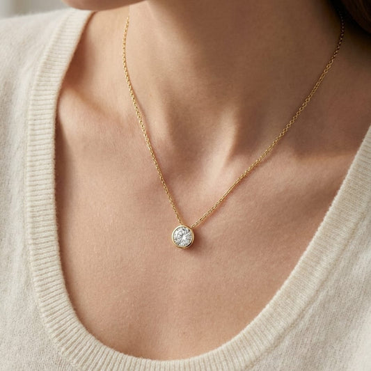 Natural Diamond Round Brilliant Solitaire Pendant in 14K Yellow Gold, 4 ct. t.w., worn close-up portrait