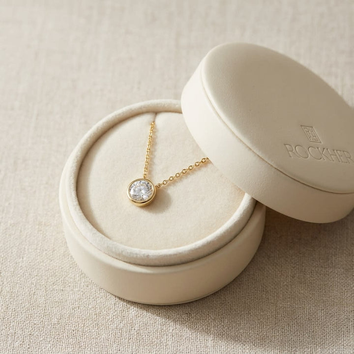 Natural Diamond Round Brilliant Solitaire Pendant in 14K Yellow Gold, 4 ct. t.w., in navy velvet jewelry box