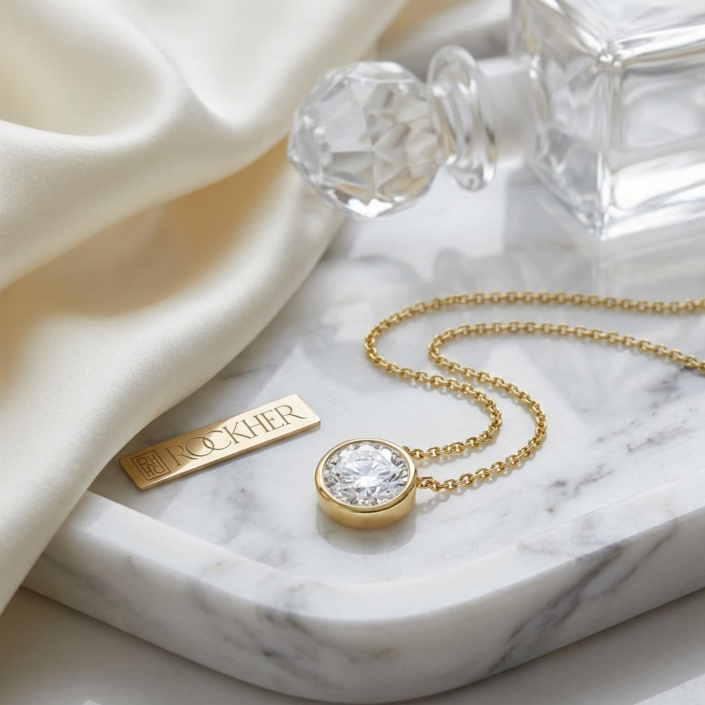 Natural Diamond Round Brilliant Solitaire Pendant in 14K Yellow Gold, 8 ct. t.w., on marble vanity tray with silk