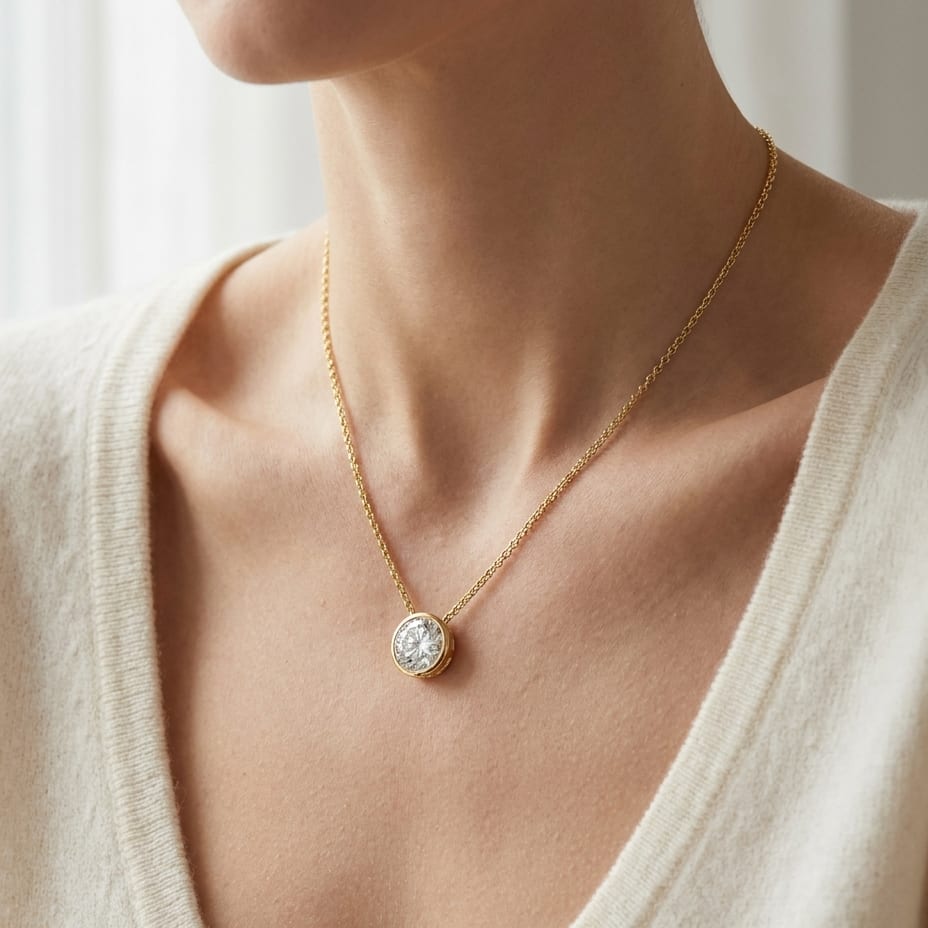Natural Diamond Round Brilliant Solitaire Pendant in 14K Yellow Gold, 8 ct. t.w., worn close-up portrait