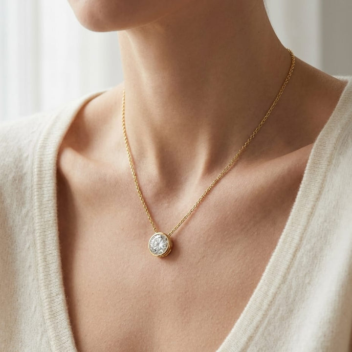 Natural Diamond Round Brilliant Solitaire Pendant in 14K Yellow Gold, 8 ct. t.w., worn close-up portrait
