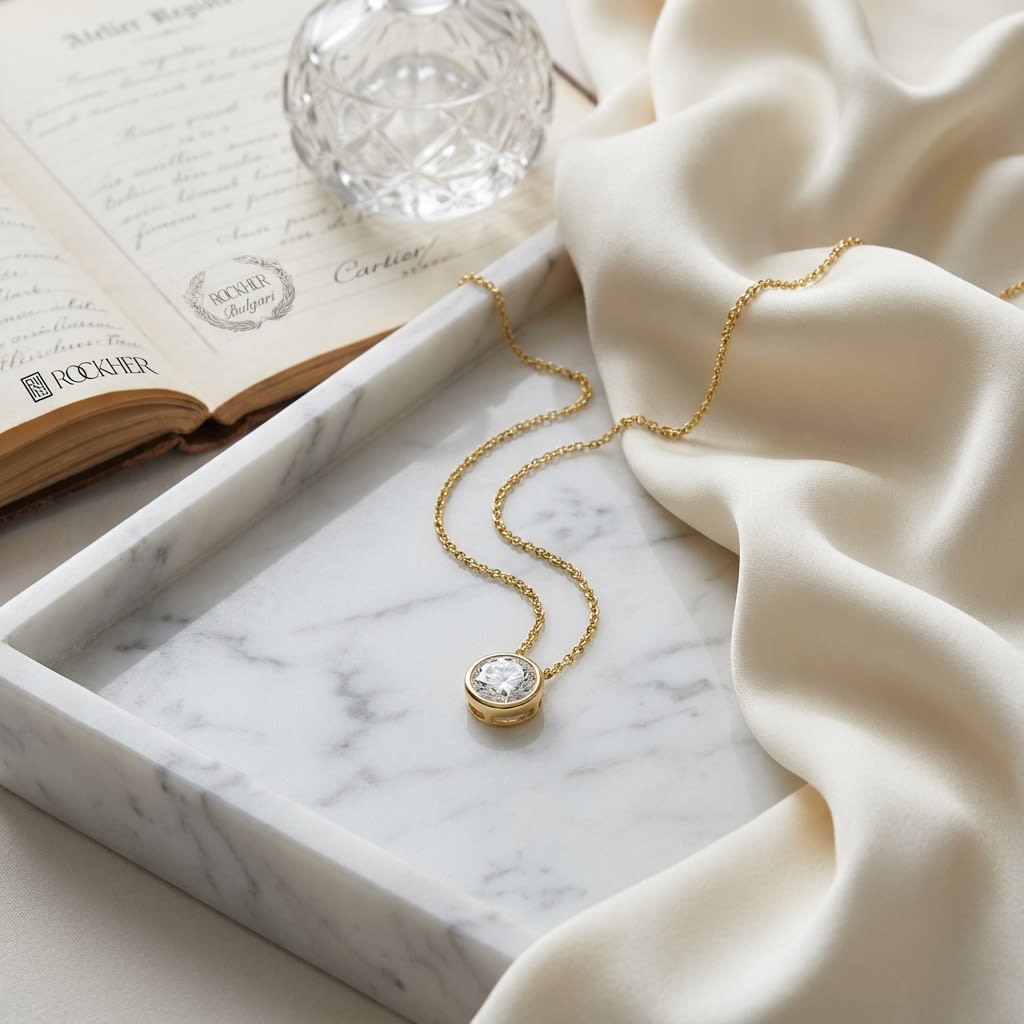 Natural Diamond Round Brilliant Solitaire Pendant in 14K Yellow Gold, 1 ct. t.w., on marble vanity tray with silk