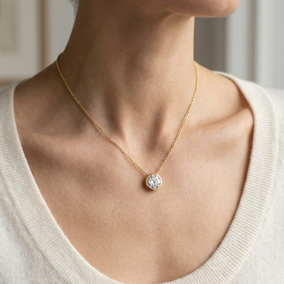 Natural Diamond Round Brilliant Solitaire Pendant in 14K Yellow Gold, 1 ct. t.w., worn close-up portrait
