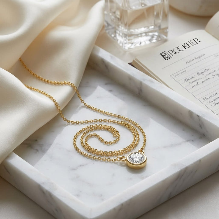Natural Diamond Round Brilliant Solitaire Pendant in 14K Yellow Gold, 4 ct. t.w., on marble vanity tray with silk