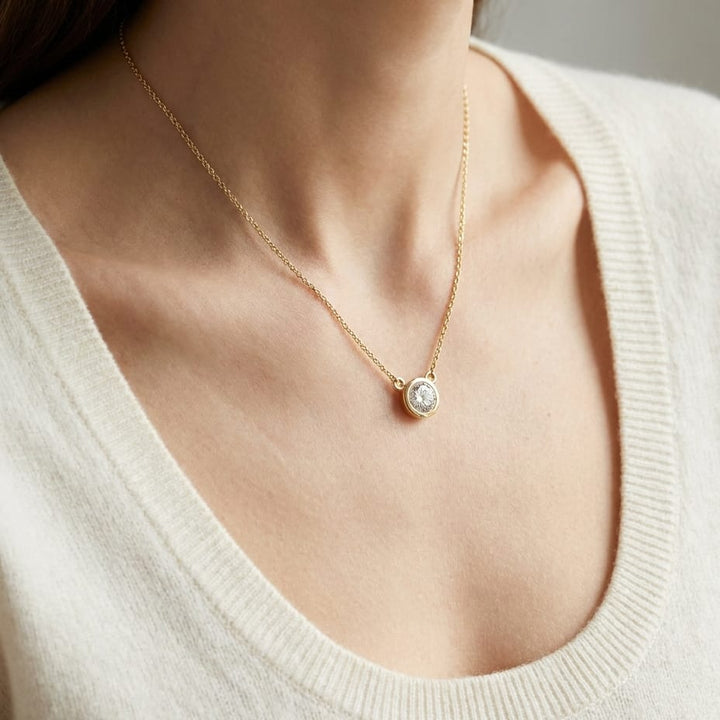 Natural Diamond Round Brilliant Solitaire Pendant in 14K Yellow Gold, 4 ct. t.w., worn close-up portrait